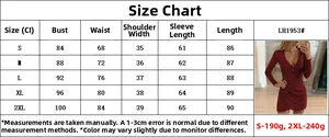 Size chart for women's V-neck sequined dress with detailed bust, waist, and length measurements