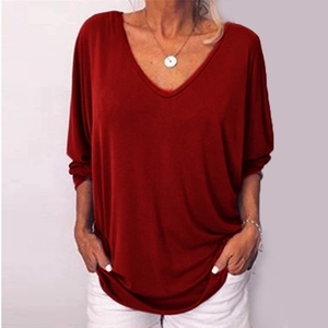 Deep red V-neck batwing sleeve T-shirt with a loose fit and comfortable casual silhouette