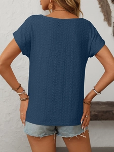 Detailed back view of navy blue eyelet embroidery t-shirt with hollow lace texture
