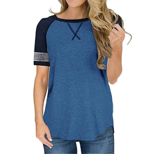 Women's blue raglan short sleeve casual T-shirt with striped cuffs and crew neck style