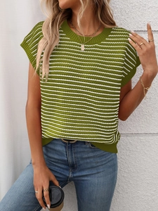 Close-up of green striped knit sweater with ribbed cuffs and round neck detailing