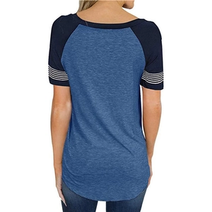 Detail of blue marl raglan short sleeves with four white stripes and ribbed crew neck