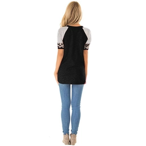 Rear view of women casual short sleeve t-shirt with stripe and leopard patchwork sleeves
