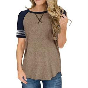 Women's crew neck color-block raglan sleeve T-shirt in brown and navy blue loose fit