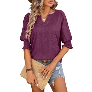 Women's V-neck plum purple cotton T-shirt with puff sleeves and smocked cuffs