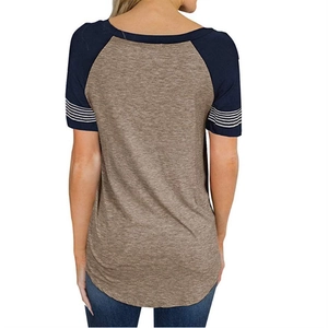 Back view of short raglan sleeves with navy fabric and four white stripes detail