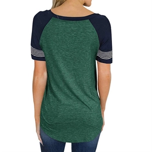 Women's summer raglan short sleeve T-shirt with heather green body and navy striped sleeves