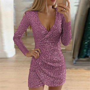 Sparkly purple sequin mini dress with V-neck long sleeves and slim fit party style