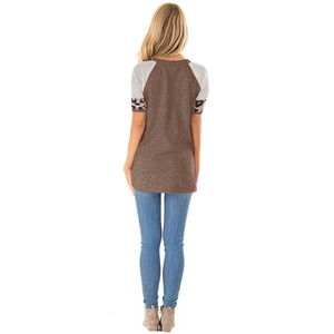 Women's casual short sleeve T-shirt with leopard print and stripe patchwork design back view