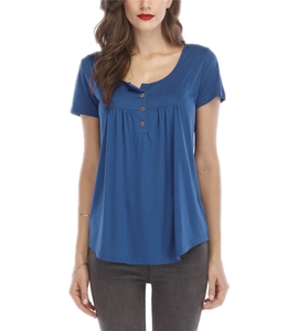 T-shirt d'été à manches courtes pour femmes bleu marine avec plis et boutons décoratifs