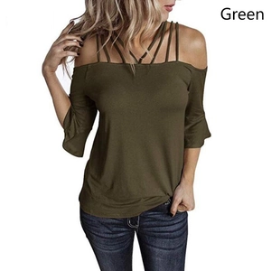 Deep green off-the-shoulder top with criss-cross straps and ruffled flared sleeves