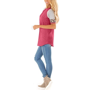 Detail of the color block t-shirt featuring striped raglan sleeves with leopard print cuffs