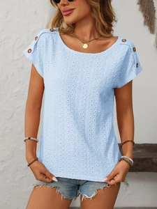 Close-up of light blue hollow knit tee with round neck and wooden shoulder buttons