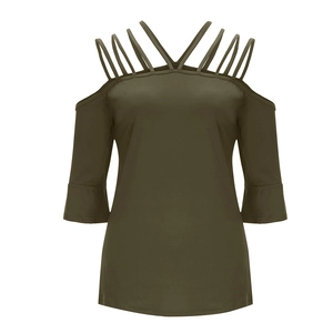 Detail of army green cold shoulder top with crisscross neck straps and bell sleeves