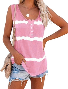 Close-up of Henley neck with small white buttons on pink striped summer tank top