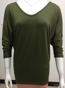 Detail view of olive green V-neck batwing sleeve top on a white mannequin