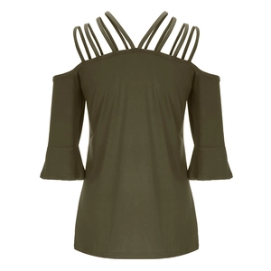 Detail of off-shoulder top with criss-cross neck straps and ruffled bell sleeves in olive green