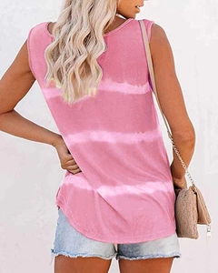 Back view of a pink and white tie-dye sleeveless tank top with casual curved hemline