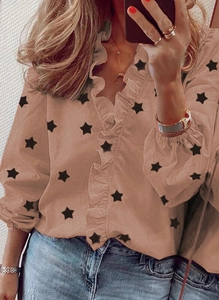 Chemisier rose à manches longues, col en V, motif étoiles et volants pour femme