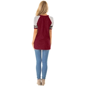 Back view of burgundy women's t-shirt featuring striped and leopard print raglan sleeves