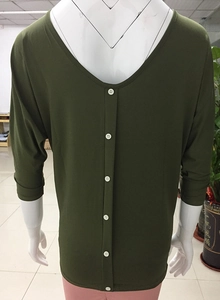 Detail view of the back button row and knit texture on this army green V-neck top