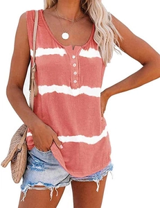 Detail of coral pink and white tie-dye striped sleeveless Henley tank top with buttons