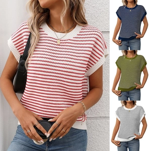 Women Casual Striped Knit Short Sleeve Sweater Round Neck Color Block Pullover Top Soft Raglan Sleeve Knitted Jumper