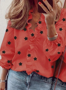 Chemisier femme orange à manches longues, col en V, motif étoiles et volants