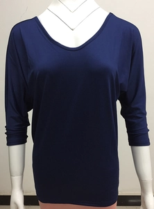 Detail of navy blue V-neck top showing glossy batwing sleeves and premium texture
