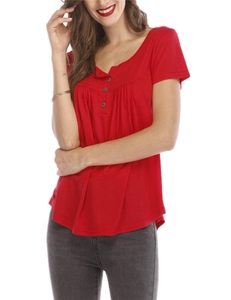T-shirt Henley rouge pour femme avec manches courtes et boutons, coupe décontractée