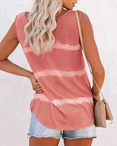 Back view of a sleeveless summer tank top featuring coral pink tie-dye stripes