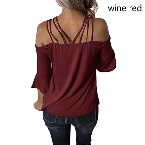 Women's wine red off-shoulder T-shirt with bell sleeves and cross back straps