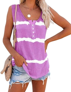 Close-up of women's purple striped Henley tank top with white buttons and curved hem