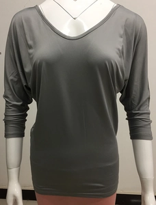 Close-up of a grey batwing sleeve V-neck top showing the thin cotton blend fabric texture