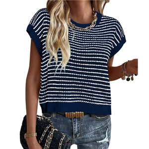 Women's crew neck striped knit short sleeve top in blue and white for casual summer style