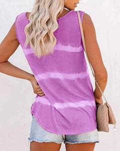 Detail view of purple gradient sleeveless tank top with curved hem and casual knit texture