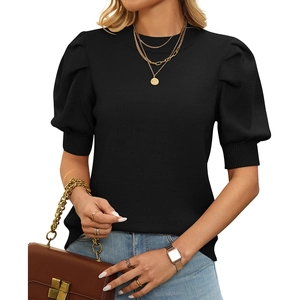 Women's minimalist black puff sleeve knit top with crew neck and ribbed cuffs