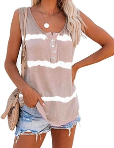 Detail of summer V-neck striped tank top with button closure and tie-dye texture