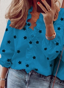 Chemise bleue à manches longues pour femmes avec col en V à volants et motifs étoiles