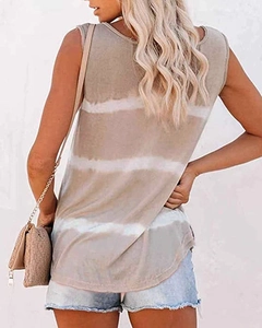 Side view of striped tie-dye sleeveless summer top with casual loose fit and curved hem