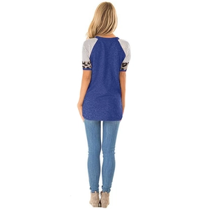 Back view of a casual women's T-shirt featuring royal blue body and leopard striped sleeves