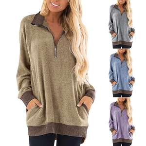T-Shirt à Manches Longues Décontracté pour Femmes Mélange de Coton Sweat-shirt Color Block Avec Fermeture Éclair et Doubles Poches
