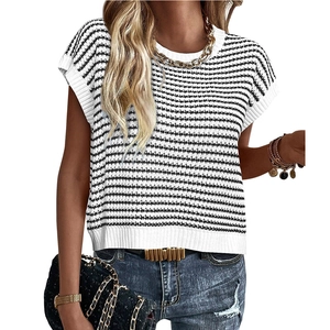 Women's crew neck striped knit top featuring black and white horizontal patterns in loose fit