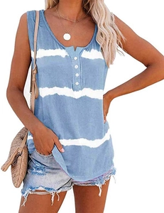Detail of blue and white tie-dye striped tank top with Henley button neckline detail