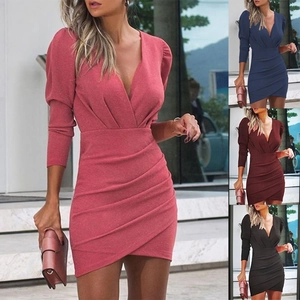 Vestito Aderente Sexy Scollo V Profondo Donna Maniche Lunghe Sbuffo Increspato Design Portafoglio Elegante Festa Misto Cotone