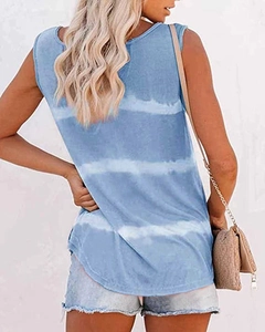 Back view of a sleeveless blue and white gradient tie-dye tank top for casual summer wear
