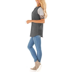 Detail view of the side profile on short sleeve t-shirt with stripe and leopard splicing