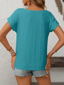 Detail of teal lace hollow-out short sleeve top with back view and textured embroidery