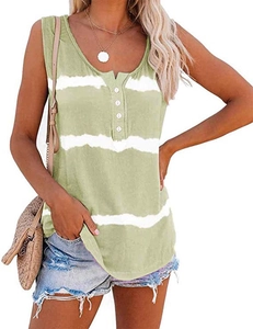 Detail of green and white striped henley tank top with decorative front buttons