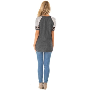 Back view of women's raglan t-shirt featuring grey body with striped and leopard print sleeves